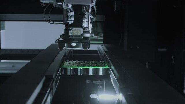 Close-up: machine installs components on circuit board. Electronic devices PCB industry. Factory of graphics processing unit, GPU processor. Production of video cards for artificial intelligence.