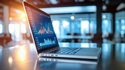 Laptop displaying financial stock data charts and graphs analysis in a modern office setting