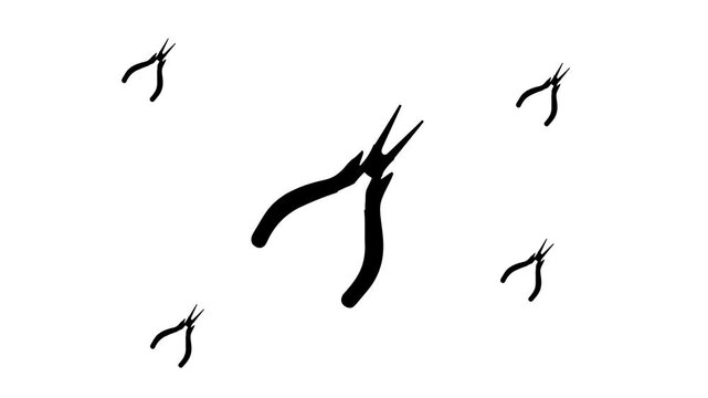 Zoom in and out animation the round pliers symbol. Large black symbol in the center and four small symbols around. Seamless looped 4k animation on white background