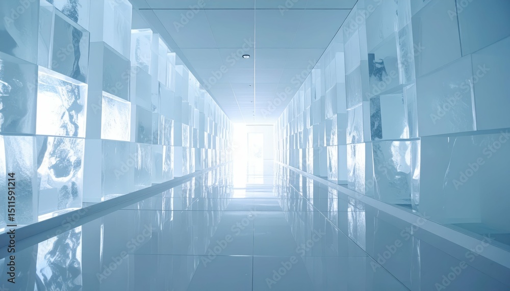 Poster ethereal ice hallway reflecting cold light in fragile architecture