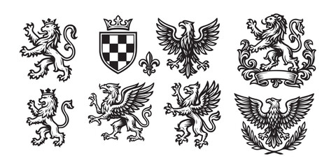 heraldry animal object set in vintage style hand-drawn engraving woodcut illustration