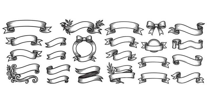 ribbon object set in vintage style hand-drawn engraving woodcut illustration