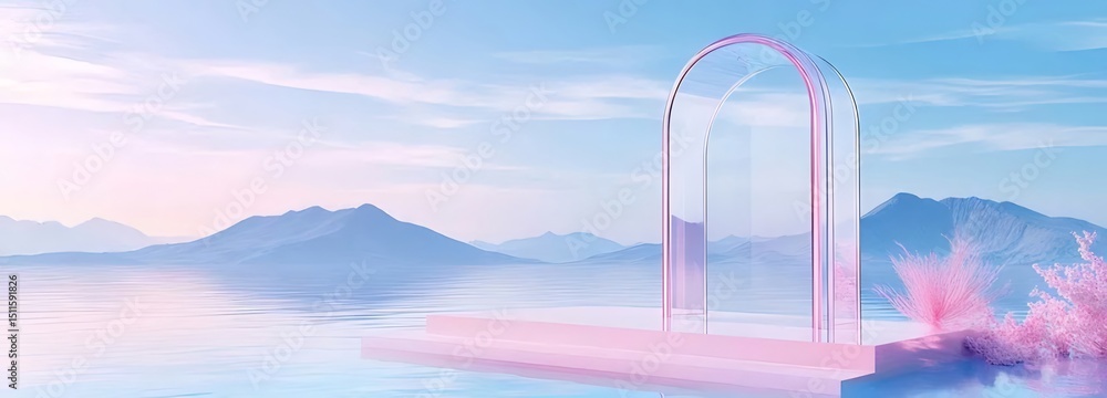Aufkleber パステルカラーの風景 水面に映る透明なアーチとピンクの花 春の穏やかな雰囲気