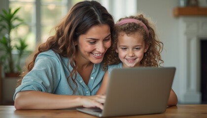Joyful mother and daughter sharing a moment over a laptop