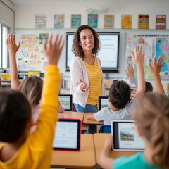 In a bright classroom, a young female teacher encourages student participation by asking questions as children eagerly raise their hands, holding tablets during the lesson