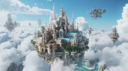 Fototapeta premium Aethereal Sky City: Floating Metropolis in the Clouds