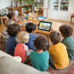 Children sit attentively around a table as their preschool teacher leads a virtual storytime session from a bright, inviting classroom full of learning materials and toys