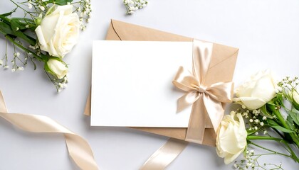 White roses  babys breath frame blank card atop envelope with satin ribbon on white backdrop