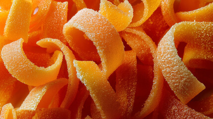 Candied orange peel zest dessert. Macro closeup background.