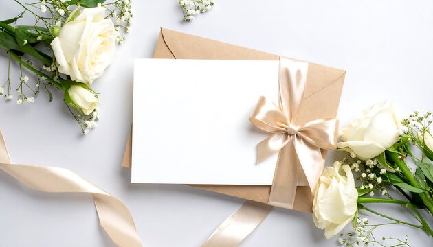 White roses  babys breath frame blank card atop envelope with satin ribbon on white backdrop - Powered by Adobe
