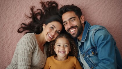 Joyful family sharing smiles on a cozy pink blanket