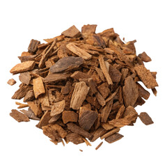 Bark chip heap isolated on a white background suitable for natural landscaping and gardening projects