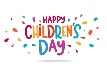 Colorful happy children's day greeting with confetti celebration on white background