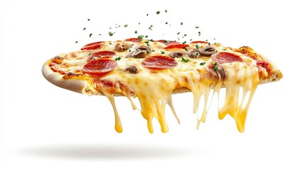 A single slice of pepperoni pizza with melted cheese dripping, levitating against a white background; mushrooms and herbs are visible