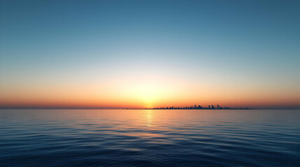 Sunset Over Cityscape On Calm Ocean