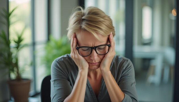 Stressed woman with glasses holding her head in an office