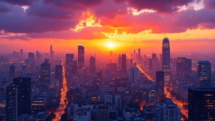 Obraz premium Urban Sunset Skyline, Colorful Cityscape Silhouette with Orange, Pink, Purple Hues, and Bokeh