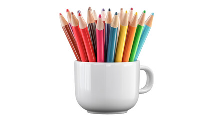 Fototapeta premium Colorful pencils arranged neatly in a white mug isolated on transparent background