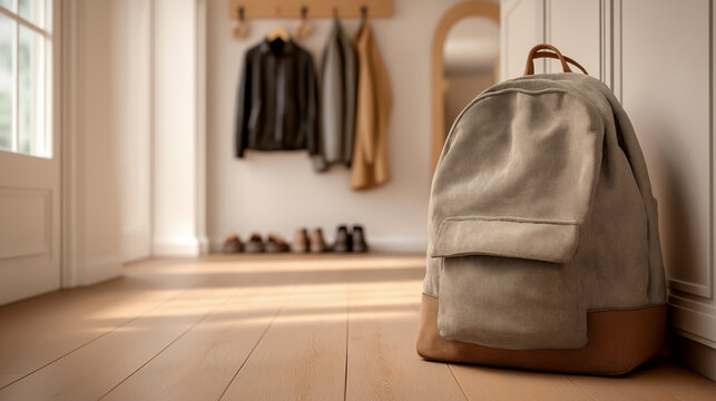 Backpack ready for school in cozy hallway