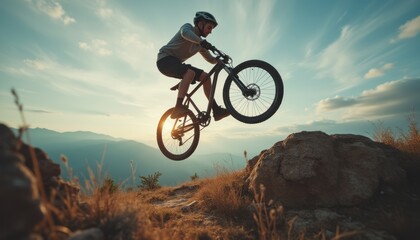 Mountain biker soaring through the air at sunset