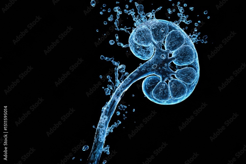 Poster animated water drop transforms into kidney shape against a dark background highlighting fluid dynami