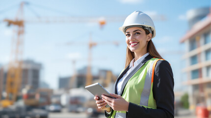 Smiling businesswoman in a business suit and a construction helmet holds a tablet against the background of a construction site. The image of an architect, engineer or a female manager in construction