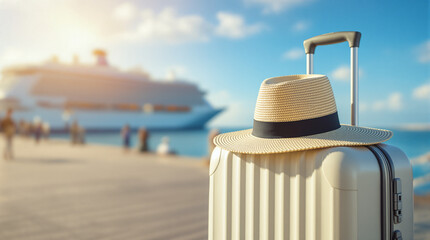 A suitcase with a summer hat stands on a wooden pier with a cruise liner in the background. Symbol of vacation, travel and summer holidays by the sea