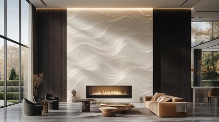 Modern living room with fireplace and wall detail