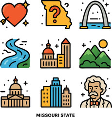 Colorful Missouri state icons depict landmarks and symbols vividly. Travel tourism concept