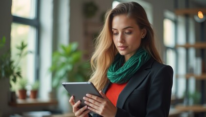 Fototapeta premium Confident woman using a tablet in a cozy café