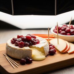 Melted baked brie topped with cranberries, served with fresh apple slices on a wooden board&mdash;ideal for festive appetizers or snacks.

