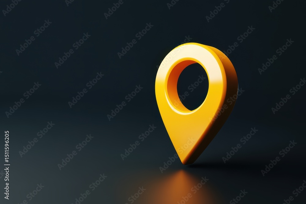 Fototapete a yellow dot with a pointy top is on a black background. 3d yellow location pin icon with a hollow c