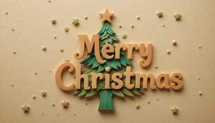 A charming, paper-cut style Christmas tree with layered shapes, the text "Merry Christmas" in a playful, hand-cut , on a textured paper background with shadow .