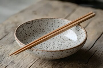 A bowl with chopsticks in it. The bowl is white and has a brown rim. A pair of bamboo chopsticks placed across a speckled ceramic bowl.
