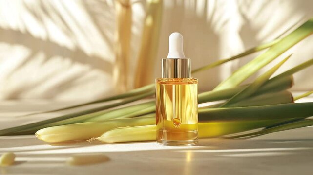 A bottle of oil is on a table next to some green leaves. The bottle is clear and has a dropper on top. The leaves are green and appear to be dried. The scene gives off a calm and natural vibe