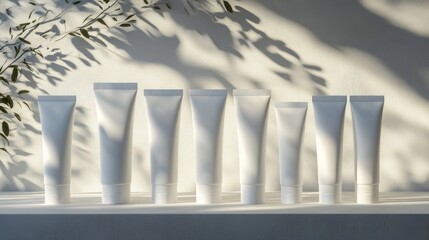 White skincare tube mockup set against matte gray surface with soft lighting, blank and ready for custom branding.
