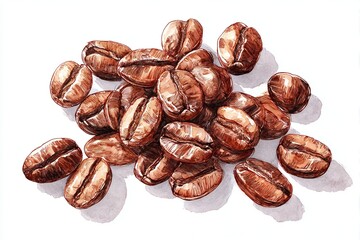 Obraz premium A detailed watercolor and ink illustration of roasted coffee beans with rich textures and warm tones. Perfect for cafe branding, food packaging, or coffee-related designs.