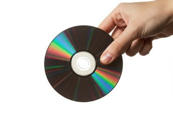 Hand holding compact disc isolated on white background