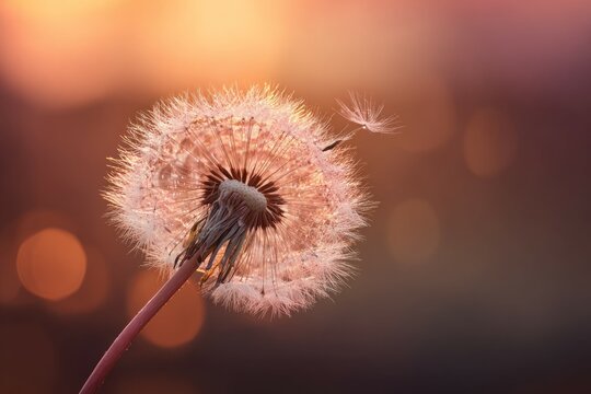 A delicate dandelion seed head glows in the warm, golden light of sunset.  Soft, pastel tones create a serene atmosphere.