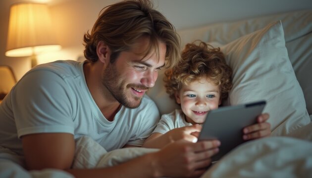Father and son sharing a joyful moment with a tablet