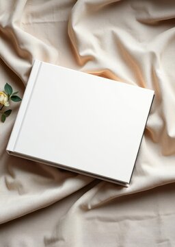 Elegant off white photo album or guest book resting on linen fabric. book mockup. 