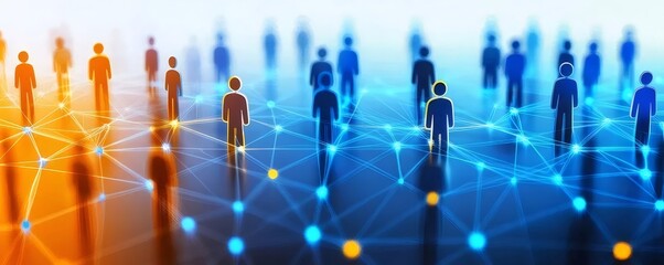 デジタル化された人々が接続された世界に立つ青とオレンジのグラデーション背景