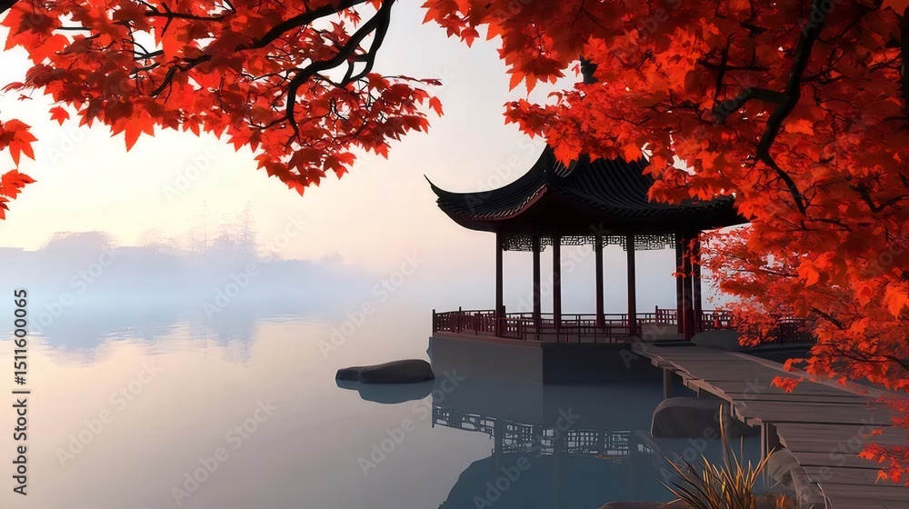 Poster 秋の湖畔に佇む東屋 鮮やかな紅葉と水面の反射 光と影が織りなす風景