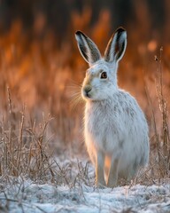 A white arctic hare stands alert in a snowy winter field, captured in perfect detail for a serene and natural wildlife wallpaper.







