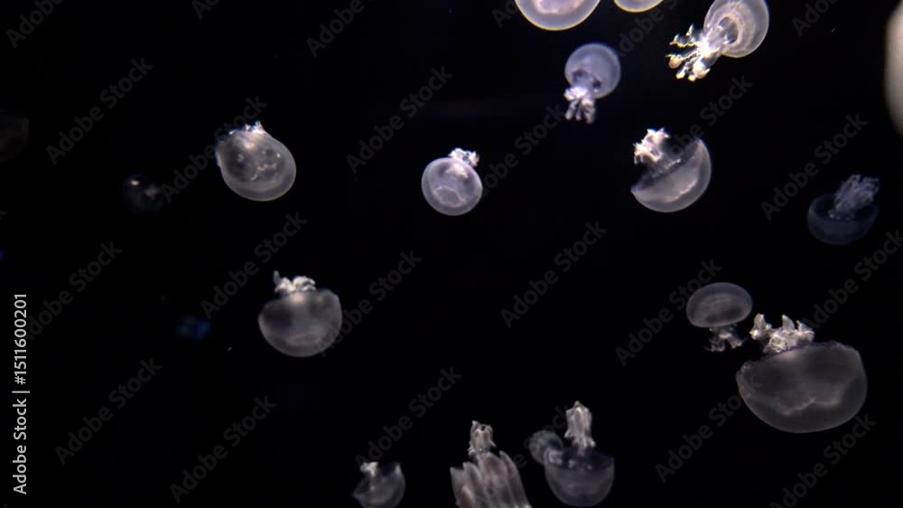 Poster jellyfish floating gently in dark water, creating a surreal and calm atmosphere