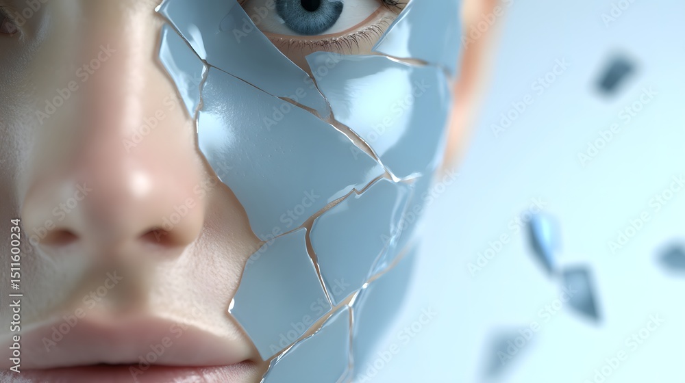 Poster a crystal-like face made entirely of transparent shards, 3d rendering style