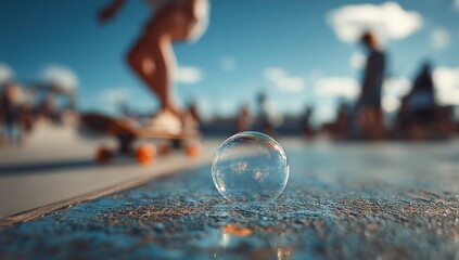 Ephemeral sphere at urban skatepark with skateboarder reflecting vibrant day