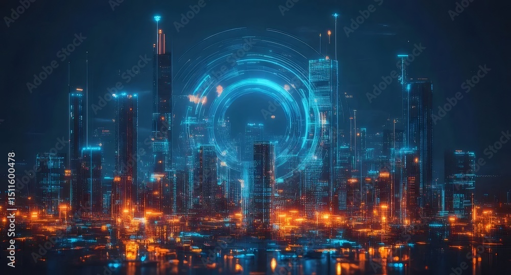Poster 未来的な都市夜景 青とオレンジのネオンライト輝く高層ビル群のデジタルアート