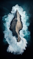 Dramatic island rock formation surrounded by powerful waves