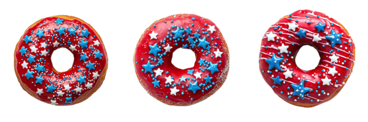 Set of different donuts in the colors of the US flag isolated on transparent background PNG
